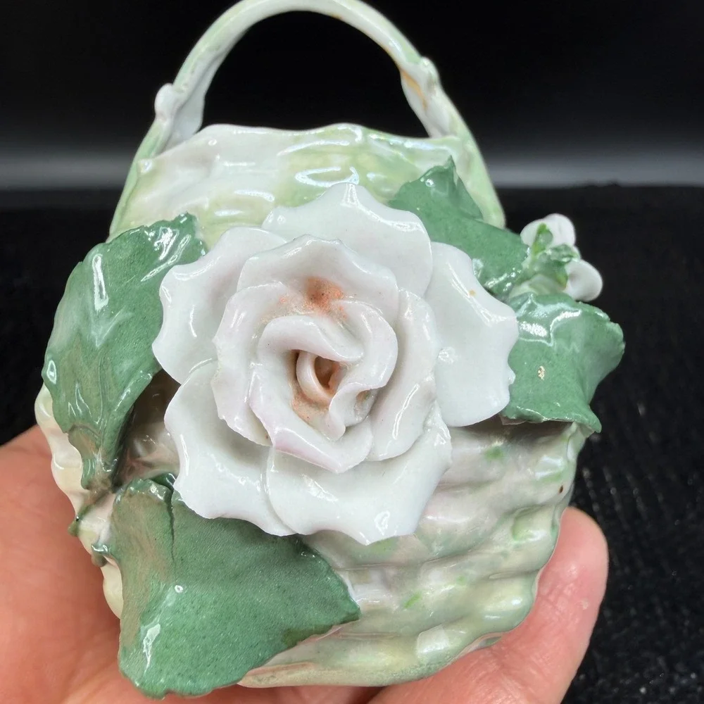 Vintage Germany Miniature Porcelain Flower Basket White Rose Figurine Delicate‎
